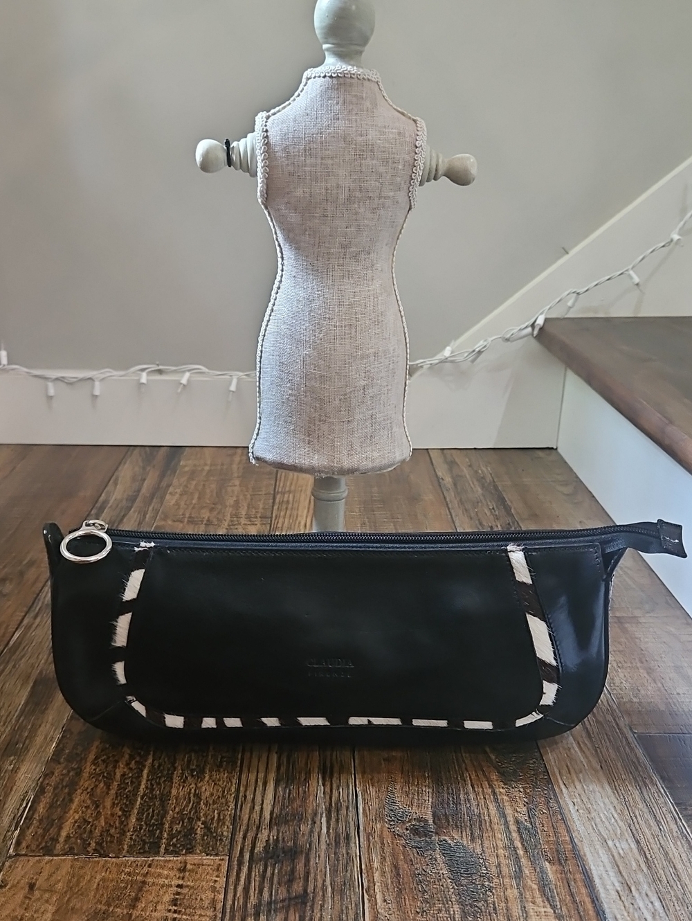 Claudia Pirenze Italian Leather /‎ Calf Hair Black Clutch with Zebra-Trim Accent